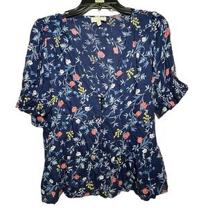 Lucky Brand‎ Blue Floral, Short Sleeve, V Neck Top Sz SP